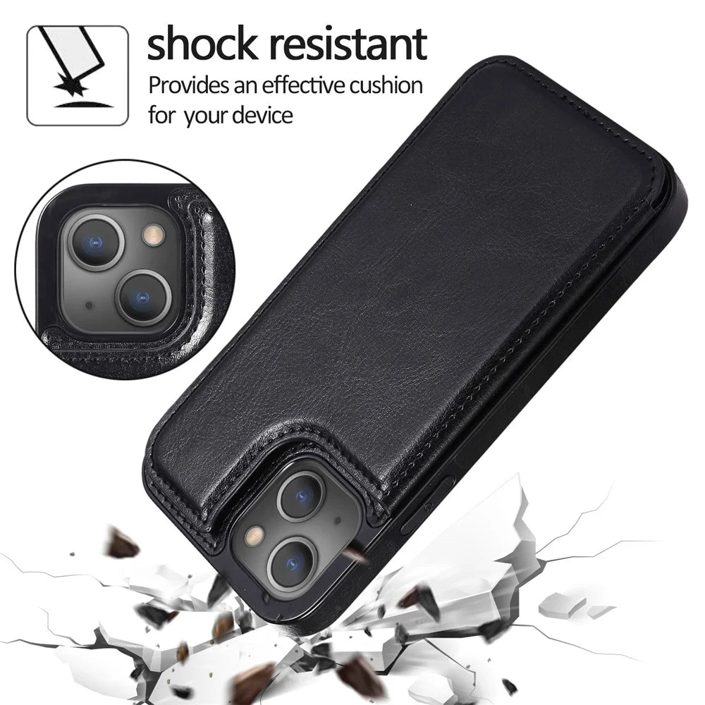 PU Leather Coated TPU Phone Case Double Magnetic Buttons Crazy Horse Texture Kickstand Card Holder Scratch-resistant Phone Cover for iPhone 13 6.1 inch - Black - 4
