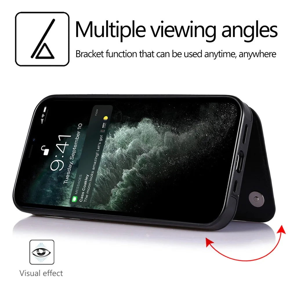 PU Leather Coated TPU Phone Case Double Magnetic Buttons Crazy Horse Texture Kickstand Card Holder Scratch-resistant Phone Cover for iPhone 13 6.1 inch - Black - 5