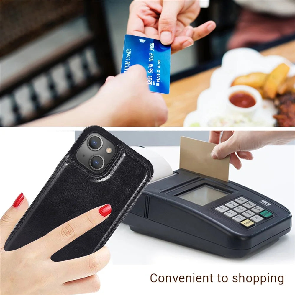 PU Leather Coated TPU Phone Case Double Magnetic Buttons Crazy Horse Texture Kickstand Card Holder Scratch-resistant Phone Cover for iPhone 13 6.1 inch - Black - 6