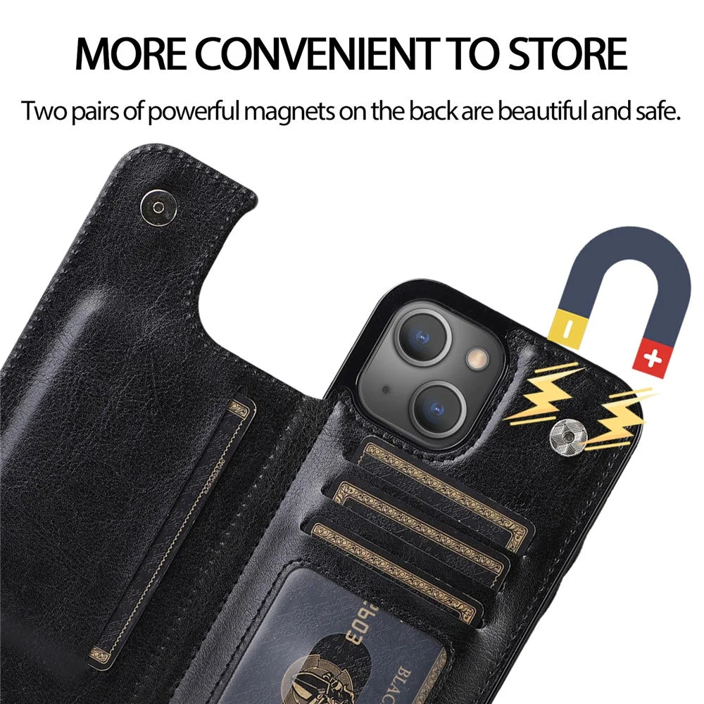 PU Leather Coated TPU Phone Case Double Magnetic Buttons Crazy Horse Texture Kickstand Card Holder Scratch-resistant Phone Cover for iPhone 13 6.1 inch - Black - 7