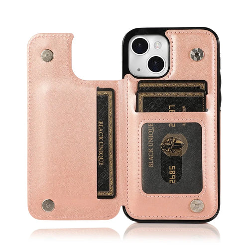 PU Leather Coated TPU Phone Case Double Magnetic Buttons Imprinted Mandala Flower Kickstand Card Holder Scratch-resistant Phone Cover for iPhone 13 mini 5.4 inch - Rose Gold - 1