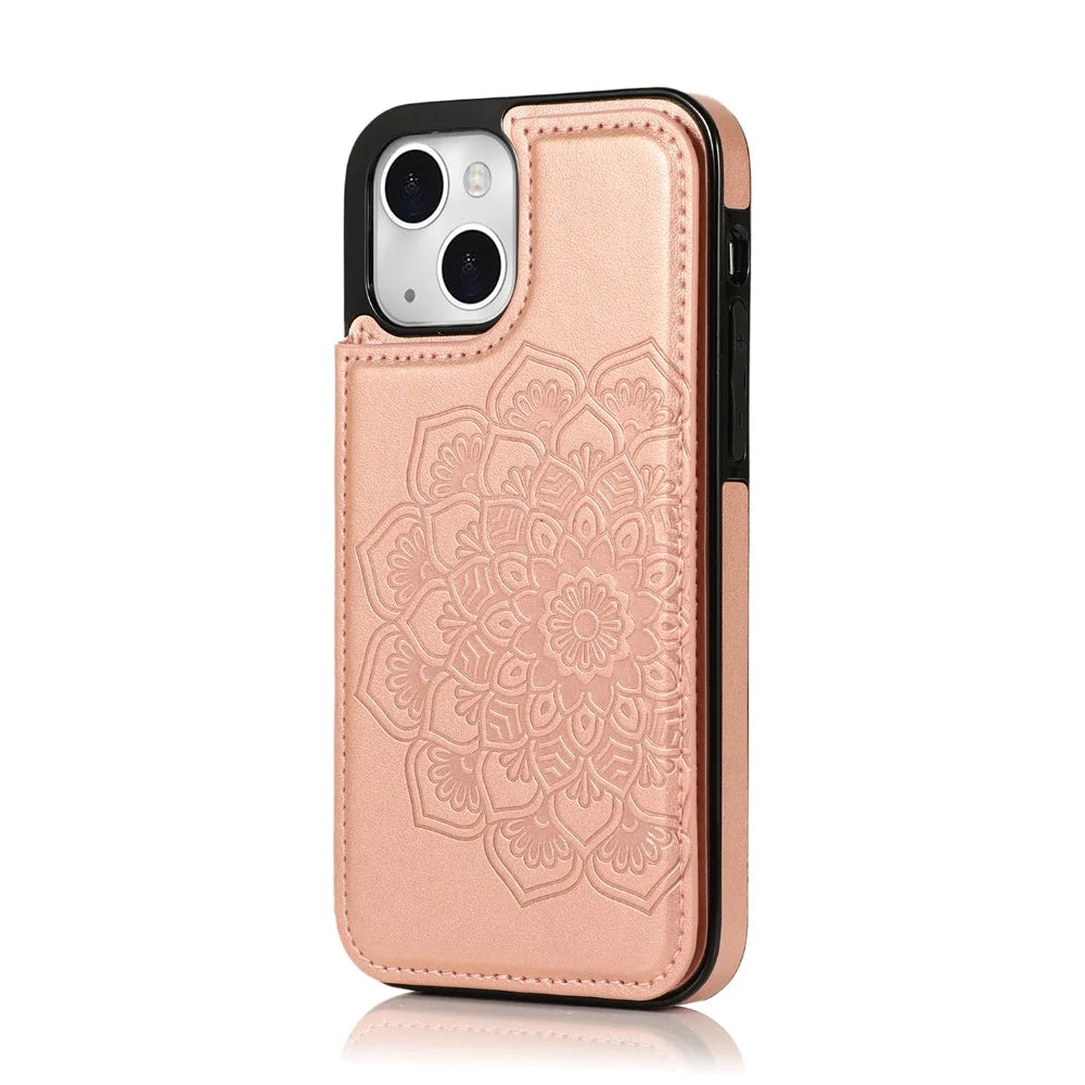 PU Leather Coated TPU Phone Case Double Magnetic Buttons Imprinted Mandala Flower Kickstand Card Holder Scratch-resistant Phone Cover for iPhone 13 mini 5.4 inch - Rose Gold - 2
