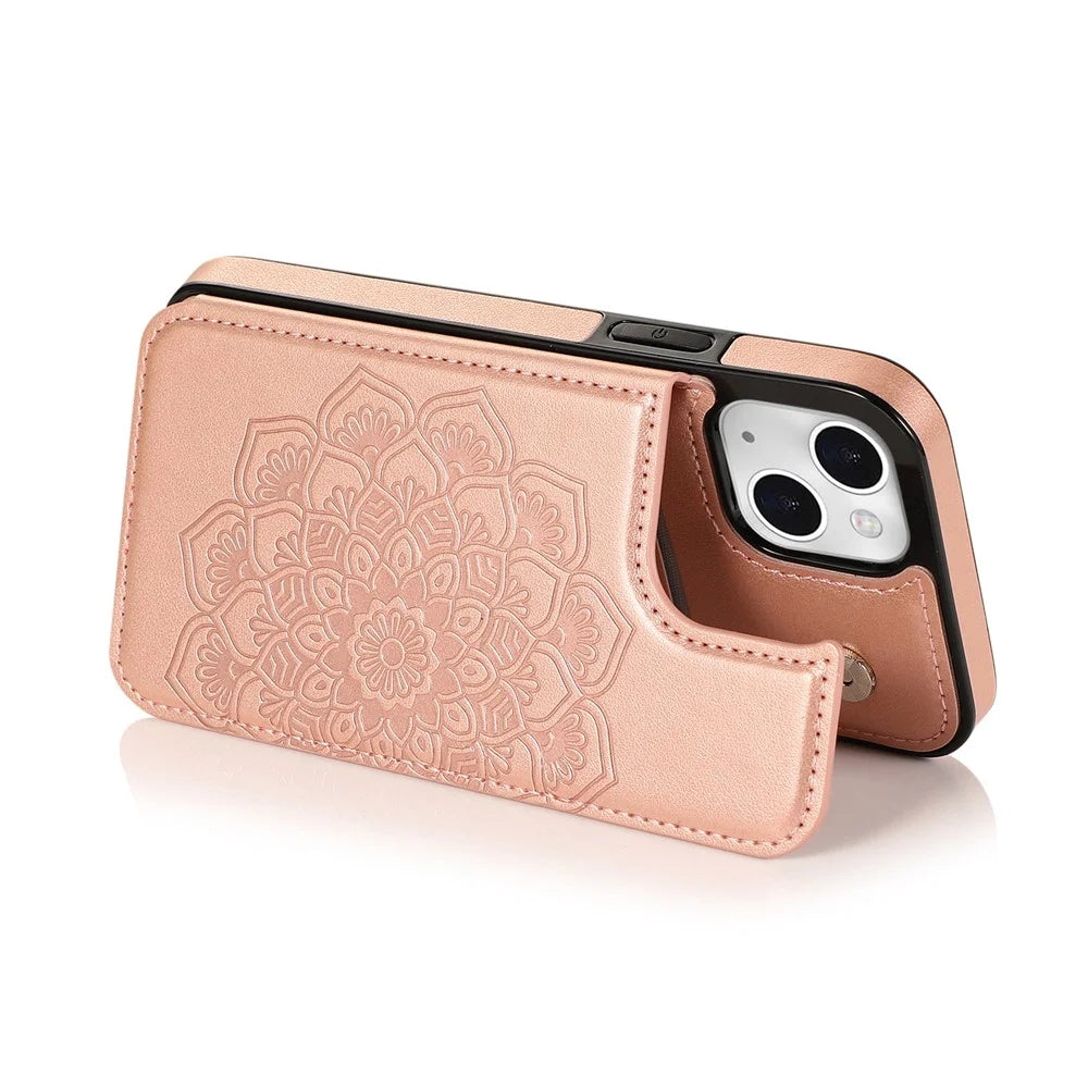 PU Leather Coated TPU Phone Case Double Magnetic Buttons Imprinted Mandala Flower Kickstand Card Holder Scratch-resistant Phone Cover for iPhone 13 mini 5.4 inch - Rose Gold - 3