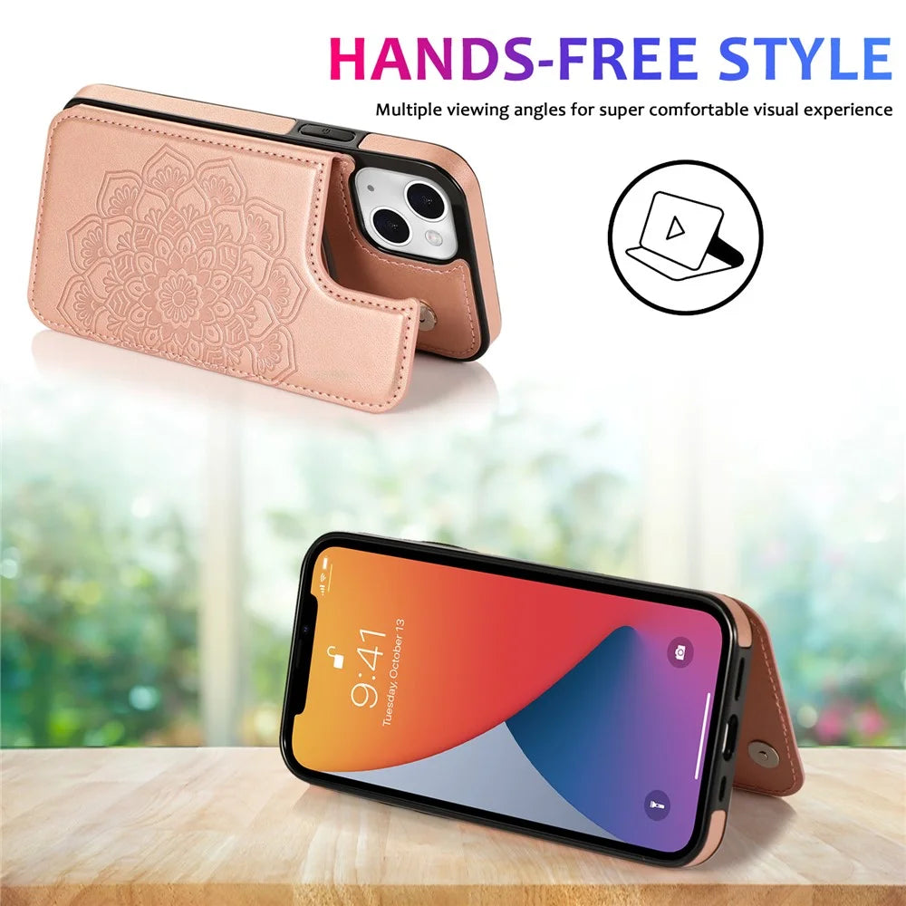 PU Leather Coated TPU Phone Case Double Magnetic Buttons Imprinted Mandala Flower Kickstand Card Holder Scratch-resistant Phone Cover for iPhone 13 mini 5.4 inch - Rose Gold - 5