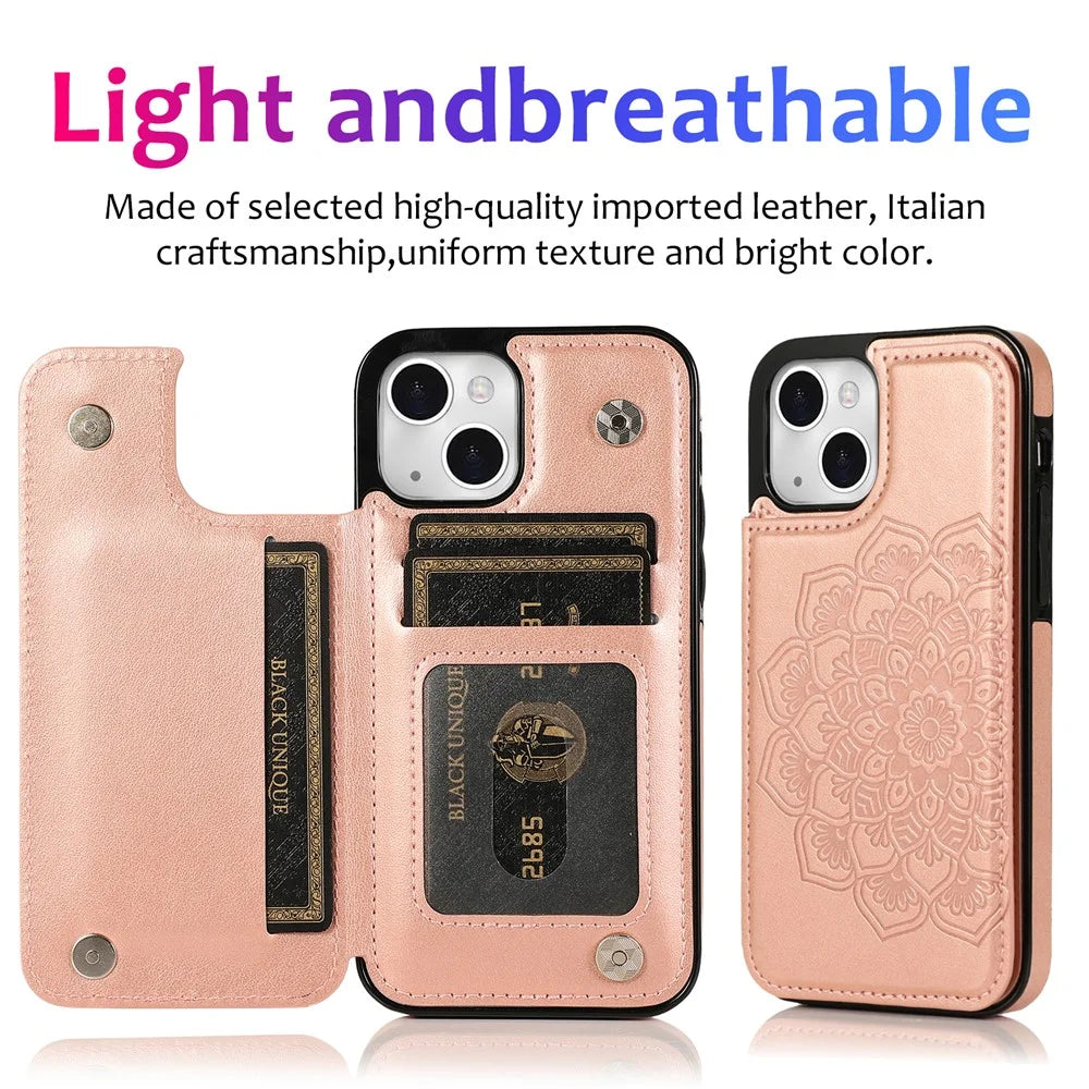 PU Leather Coated TPU Phone Case Double Magnetic Buttons Imprinted Mandala Flower Kickstand Card Holder Scratch-resistant Phone Cover for iPhone 13 mini 5.4 inch - Rose Gold - 7
