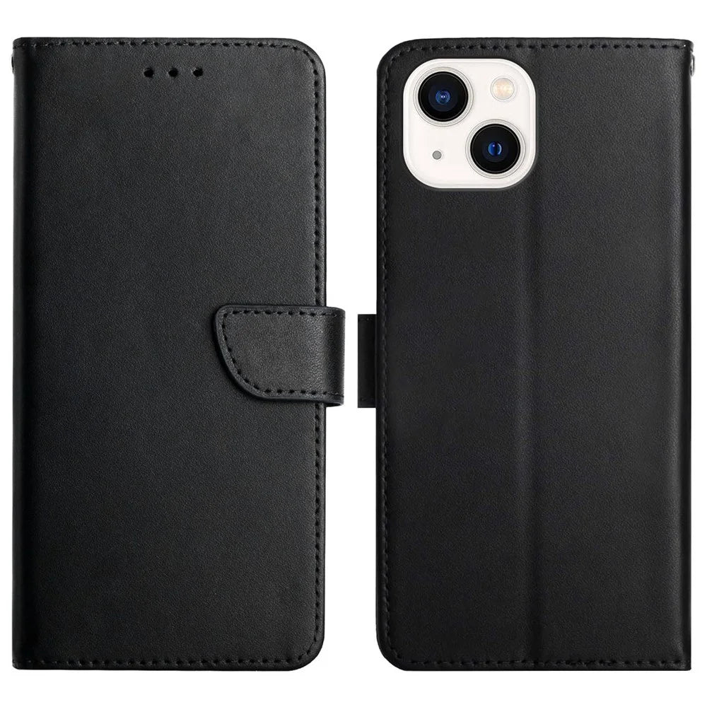 Solid Color Cover Nappa Texture Anti-fingerprint Anti-drop Wallet Stand Genuine Leather Phone Case for iPhone 13 6.1 inch - Black - 1
