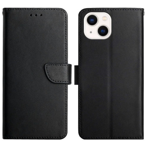 Solid Color Cover Nappa Texture Anti-fingerprint Anti-drop Wallet Stand Genuine Leather Phone Case for iPhone 13 6.1 inch - Black - 1