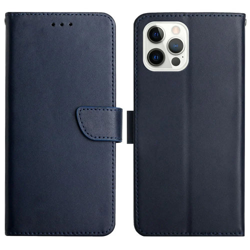 Nappa Texture Solid Color Cover Wallet Genuine Leather Phone Case Shell with Stand for iPhone 13 Pro 6.1 inch - Blue - 1