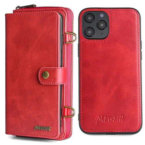 MEGSHI 020 Series Multifunction Magnetic Detachable Design Shoulder Bag Shockproof PU Leather and TPU Wallet Cover for iPhone 12 Pro Max 6.7 inch - Red - 1