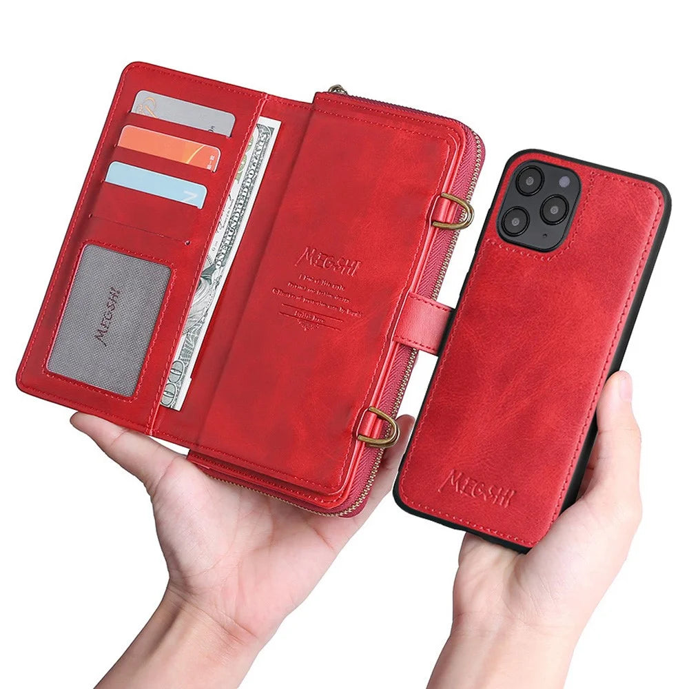 MEGSHI 020 Series Multifunction Magnetic Detachable Design Shoulder Bag Shockproof PU Leather and TPU Wallet Cover for iPhone 12 Pro Max 6.7 inch - Red - 2