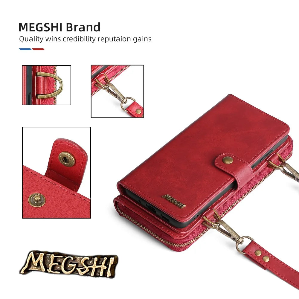 MEGSHI 020 Series Multifunction Magnetic Detachable Design Shoulder Bag Shockproof PU Leather and TPU Wallet Cover for iPhone 12 Pro Max 6.7 inch - Red - 3