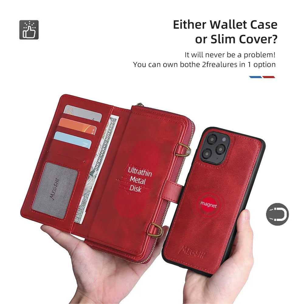 MEGSHI 020 Series Multifunction Magnetic Detachable Design Shoulder Bag Shockproof PU Leather and TPU Wallet Cover for iPhone 12 Pro Max 6.7 inch - Red - 4
