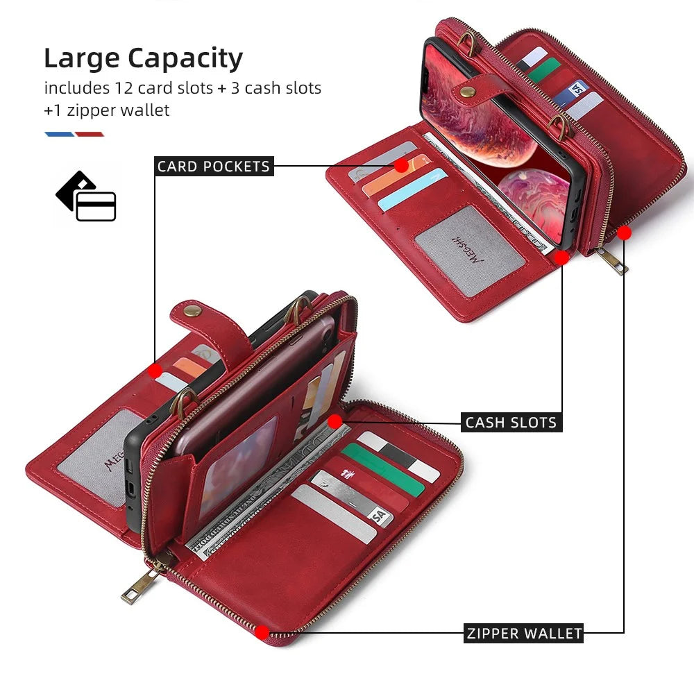 MEGSHI 020 Series Multifunction Magnetic Detachable Design Shoulder Bag Shockproof PU Leather and TPU Wallet Cover for iPhone 12 Pro Max 6.7 inch - Red - 5