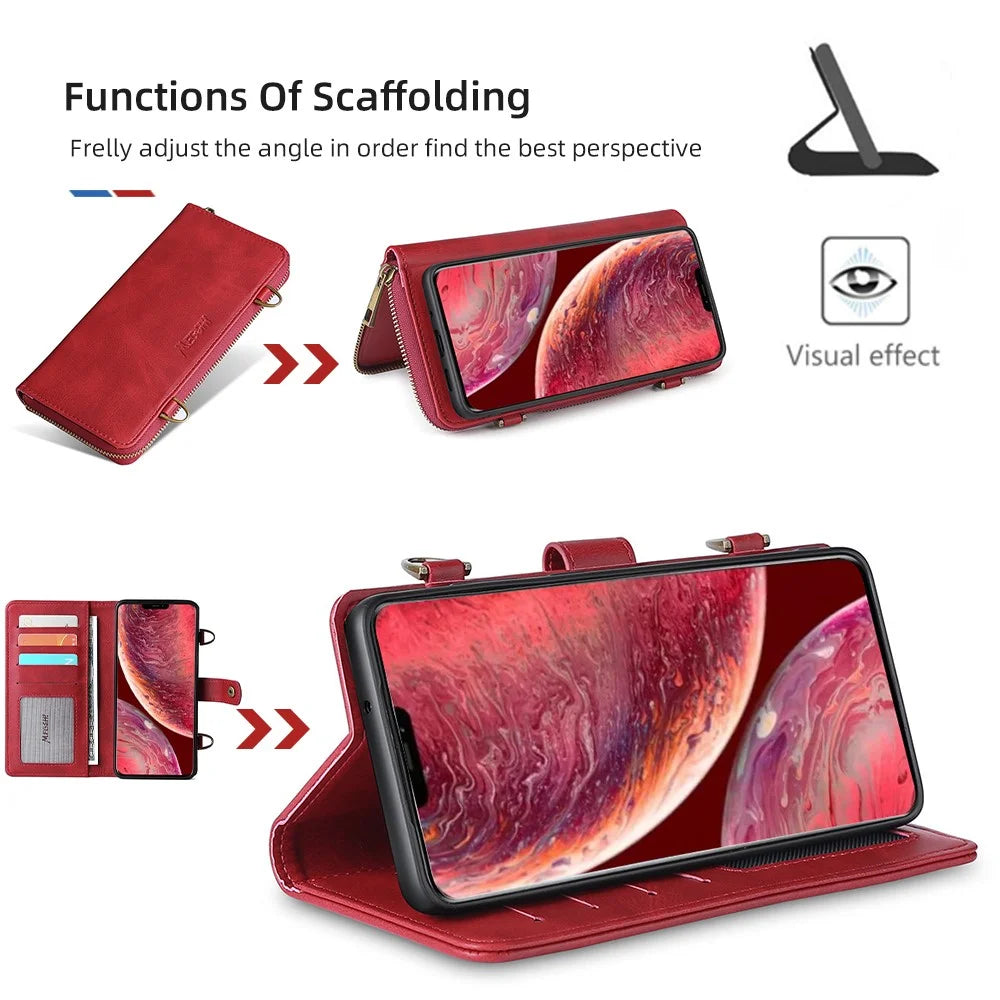 MEGSHI 020 Series Multifunction Magnetic Detachable Design Shoulder Bag Shockproof PU Leather and TPU Wallet Cover for iPhone 12 Pro Max 6.7 inch - Red - 6