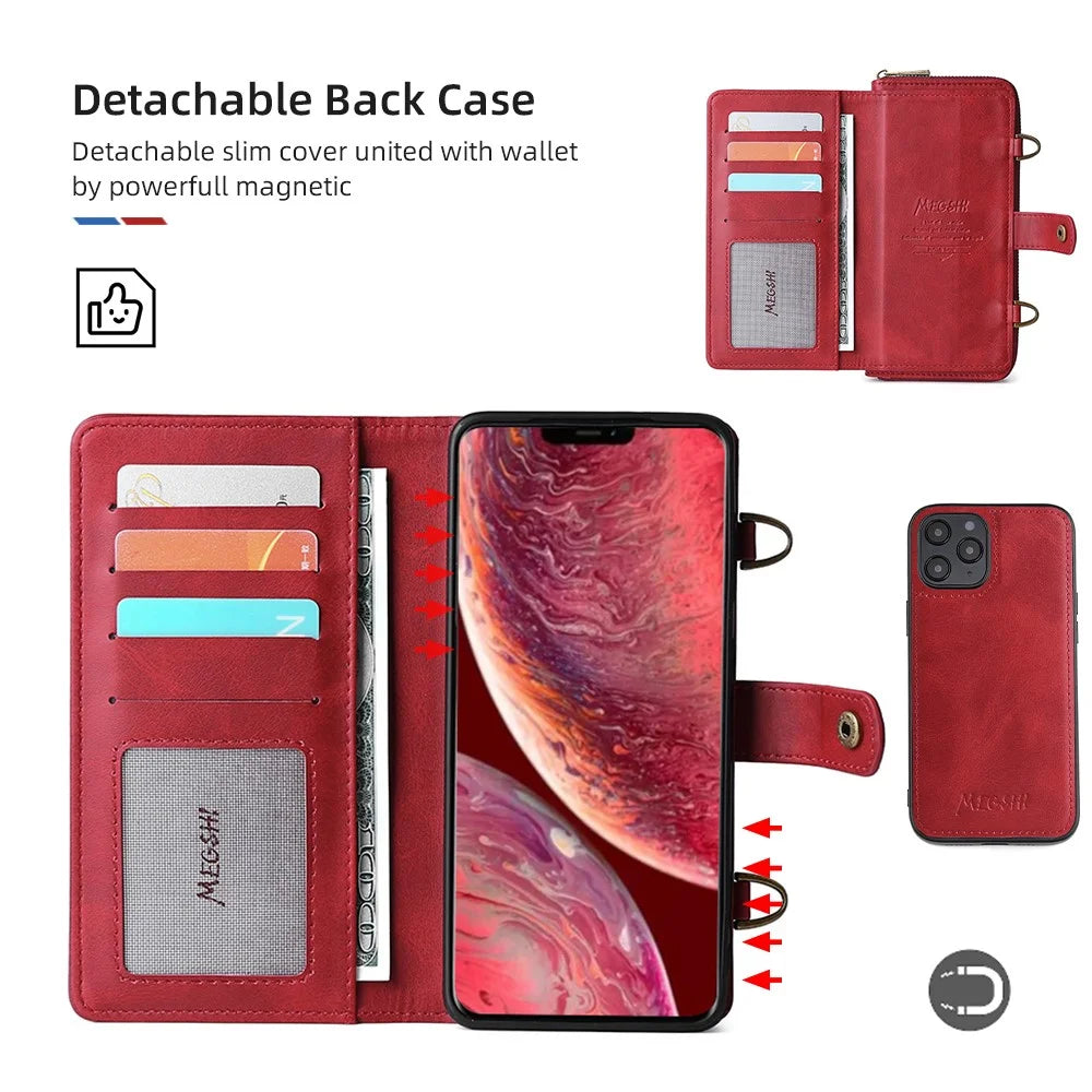 MEGSHI 020 Series Multifunction Magnetic Detachable Design Shoulder Bag Shockproof PU Leather and TPU Wallet Cover for iPhone 12 Pro Max 6.7 inch - Red - 7