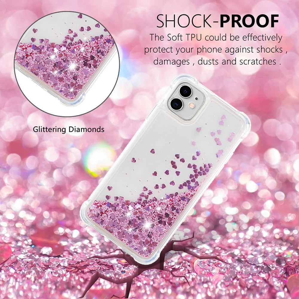 Reinforced Corner Anti-fall Quicksand Glitter TPU Protective Phone Case Shell for iPhone 11 6.1 inch - Rose Gold Hearts - 2
