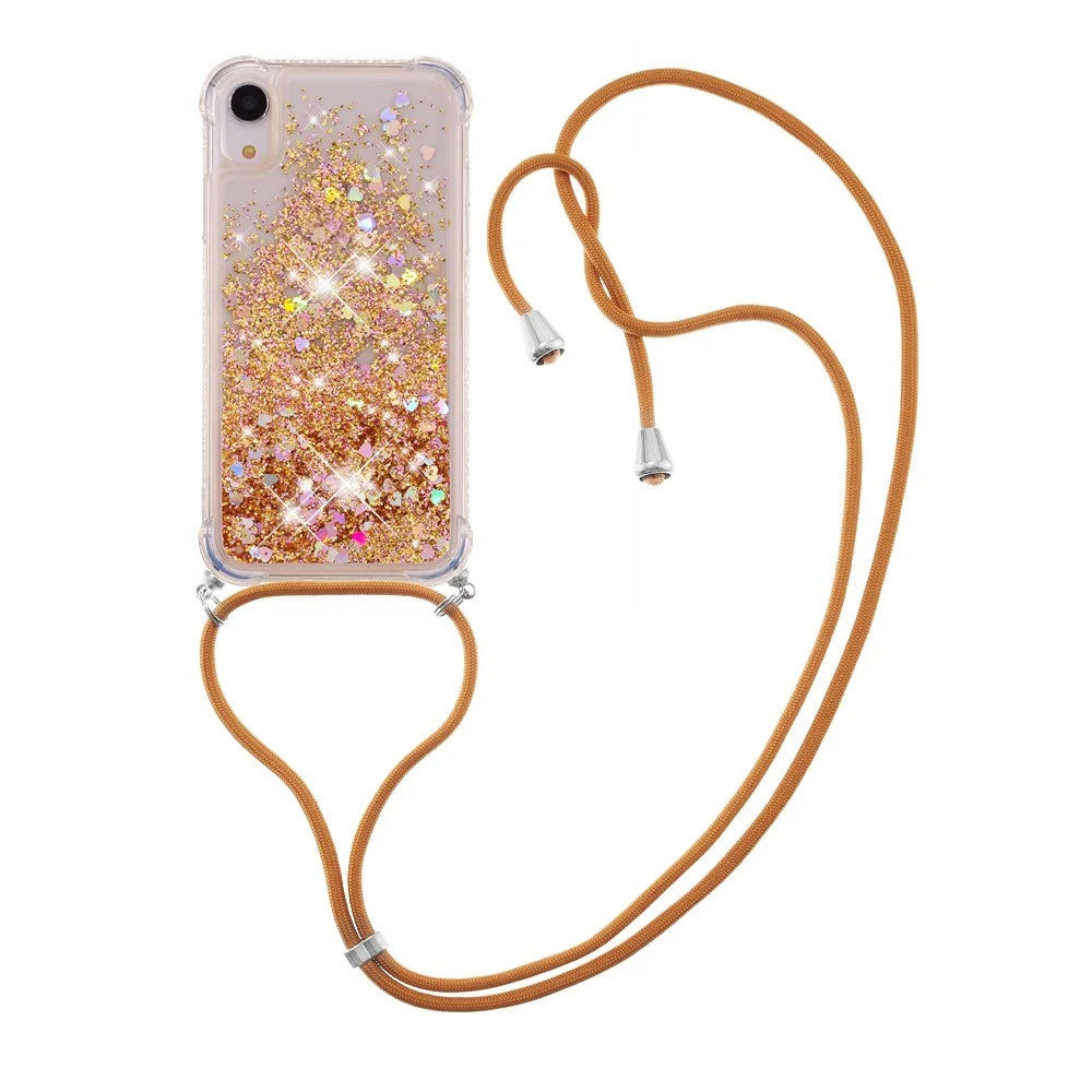 Glitter Quicksand Soft TPU Phone Case with Hands-free Lanyard for iPhone XR 6.1 inch - Diamond Gold Hearts - 1