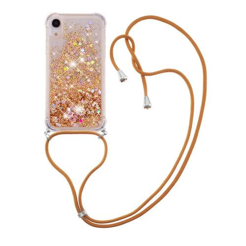 Glitter Quicksand Soft TPU Phone Case with Hands-free Lanyard for iPhone XR 6.1 inch - Diamond Gold Hearts - 1