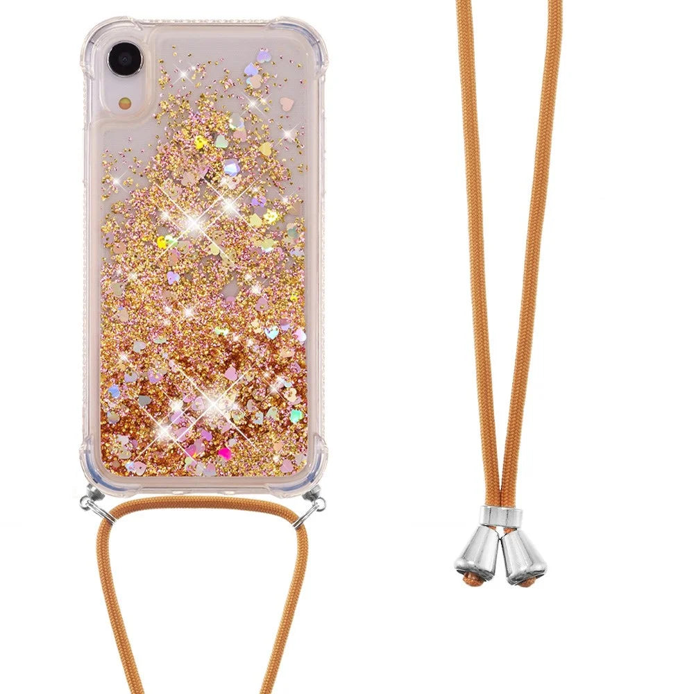 Glitter Quicksand Soft TPU Phone Case with Hands-free Lanyard for iPhone XR 6.1 inch - Diamond Gold Hearts - 2