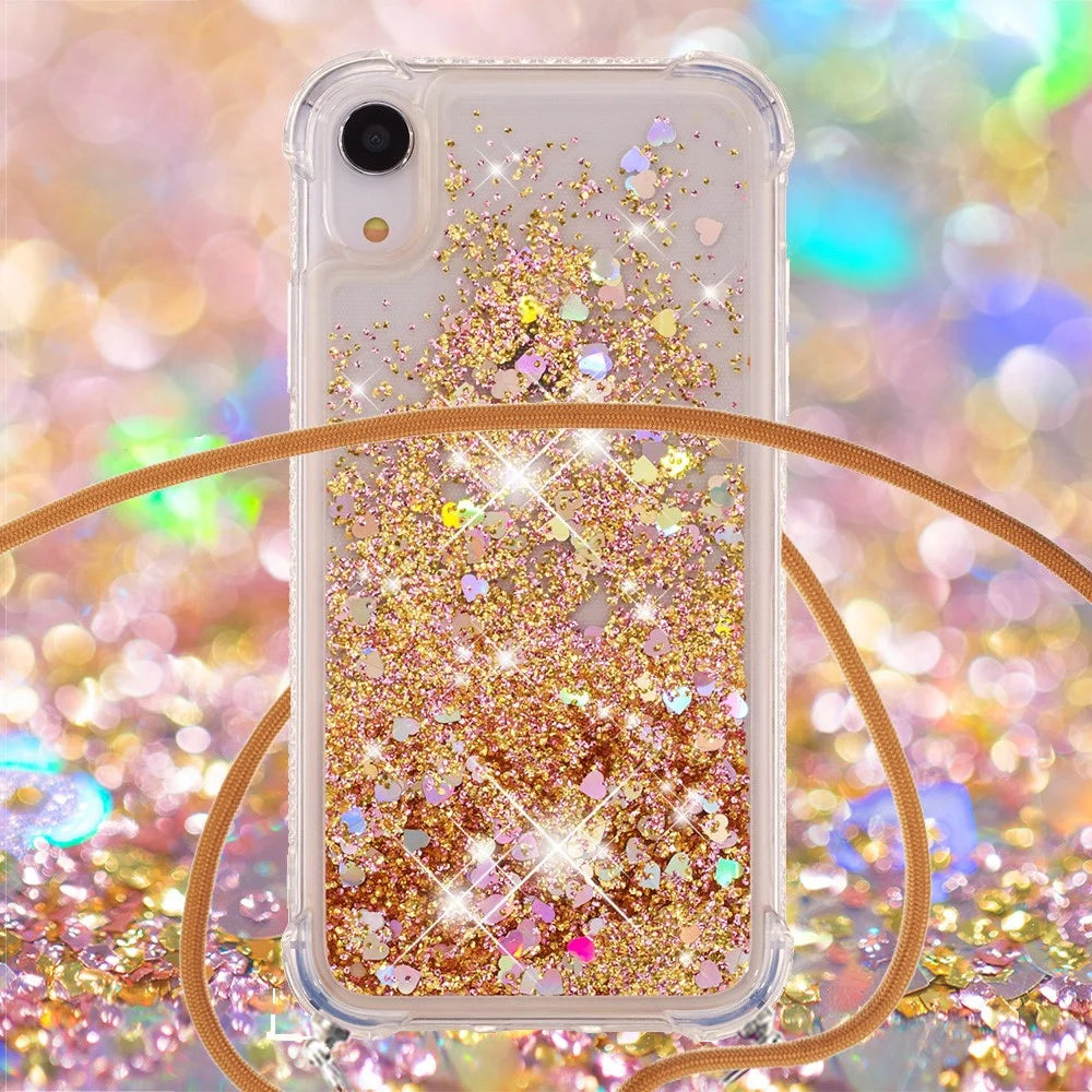 Glitter Quicksand Soft TPU Phone Case with Hands-free Lanyard for iPhone XR 6.1 inch - Diamond Gold Hearts - 3
