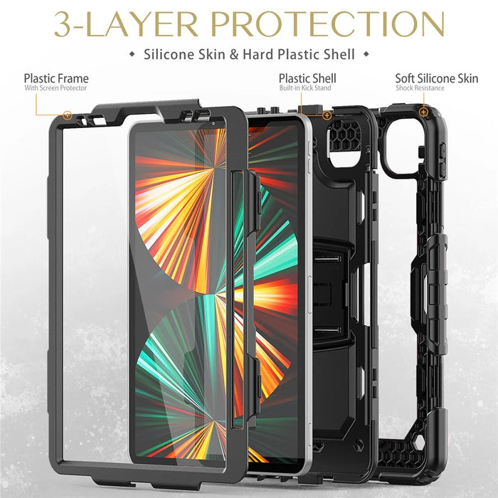 Thickened Silicone + PC Well-protected Tablet Case Kickstand Cover with Shoulder Strap for iPad Pro 11 (2022) /  (2021) / (2020) / (2018) - All Black - 6