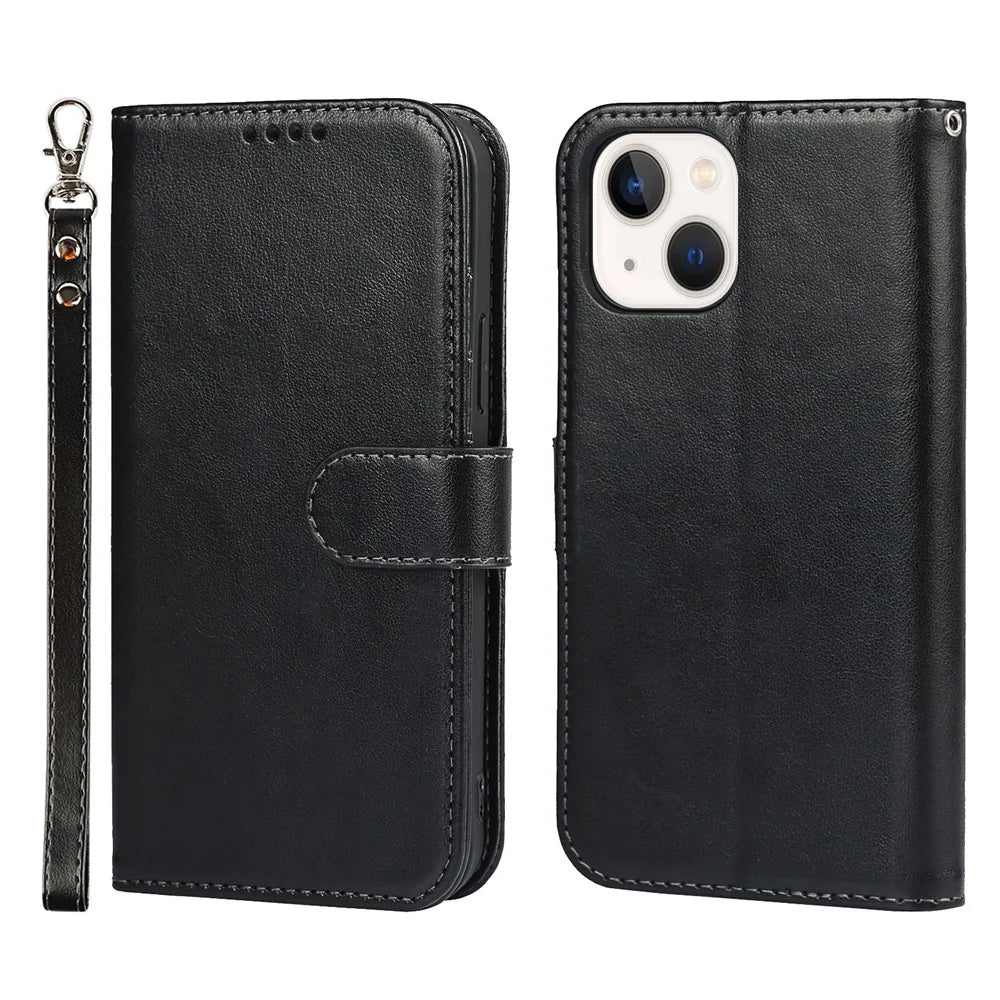 Drop-Proof R61 Texture Felled Seam PU Leather Wallet Cover Horizontal Stand Shell for iPhone 13 6.1 inch - Black - 1