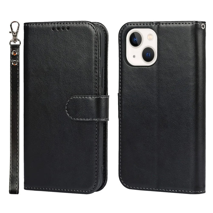Drop-Proof R61 Texture Felled Seam PU Leather Wallet Cover Horizontal Stand Shell for iPhone 13 6.1 inch - Black - 1