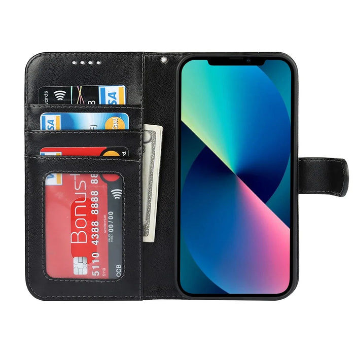 Drop-Proof R61 Texture Felled Seam PU Leather Wallet Cover Horizontal Stand Shell for iPhone 13 6.1 inch - Black - 4
