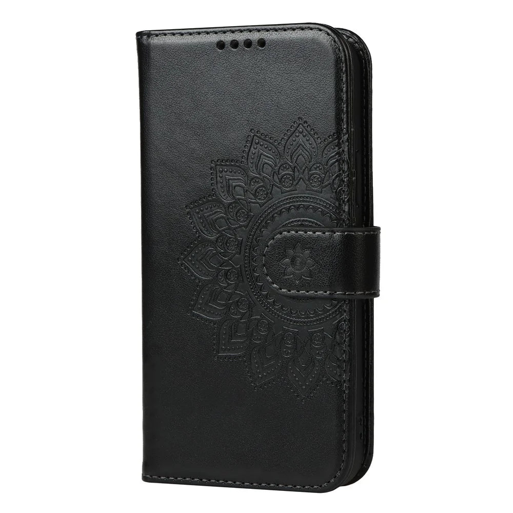 R61 Texture Felled Seam Phone Case Dual-sided Magnetic Clasp PU Leather Wallet Cover with Stand for iPhone 13 6.1 inch - Black - 2