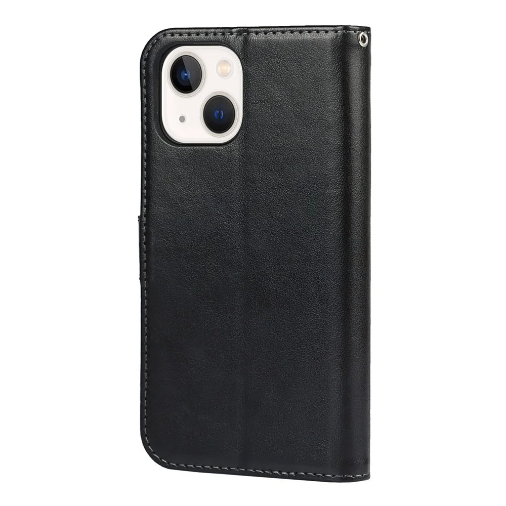 R61 Texture Felled Seam Phone Case Dual-sided Magnetic Clasp PU Leather Wallet Cover with Stand for iPhone 13 6.1 inch - Black - 3