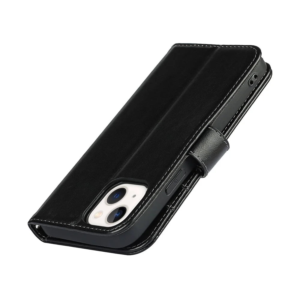 R61 Texture Felled Seam Phone Case Dual-sided Magnetic Clasp PU Leather Wallet Cover with Stand for iPhone 13 6.1 inch - Black - 7