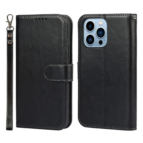 R61 Texture Felled Seam Phone Case Full Body Protection PU Leather Wallet Cover Stand Shell for iPhone 13 Pro 6.1 inch - Black - 1