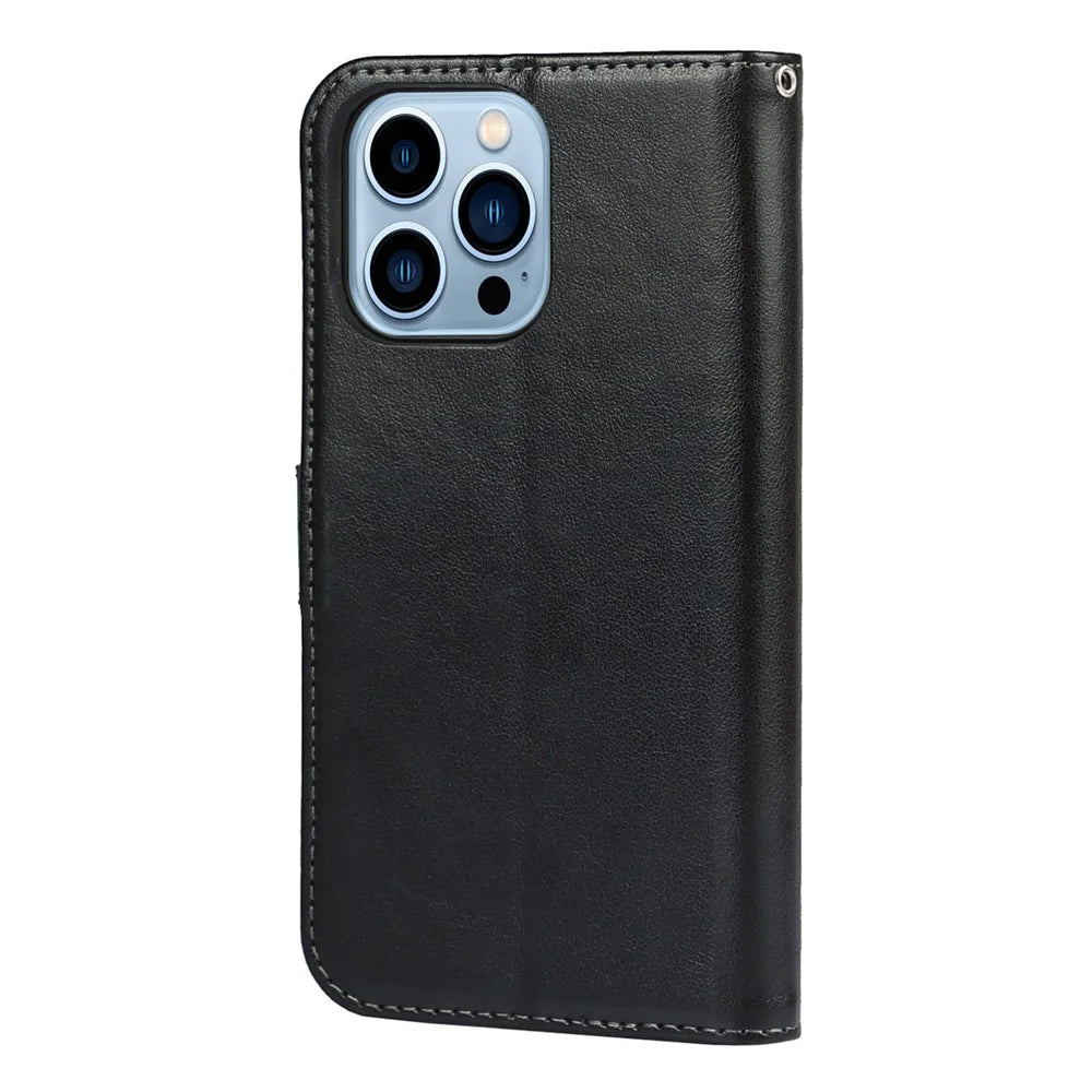 R61 Texture Felled Seam Phone Case Full Body Protection PU Leather Wallet Cover Stand Shell for iPhone 13 Pro 6.1 inch - Black - 3
