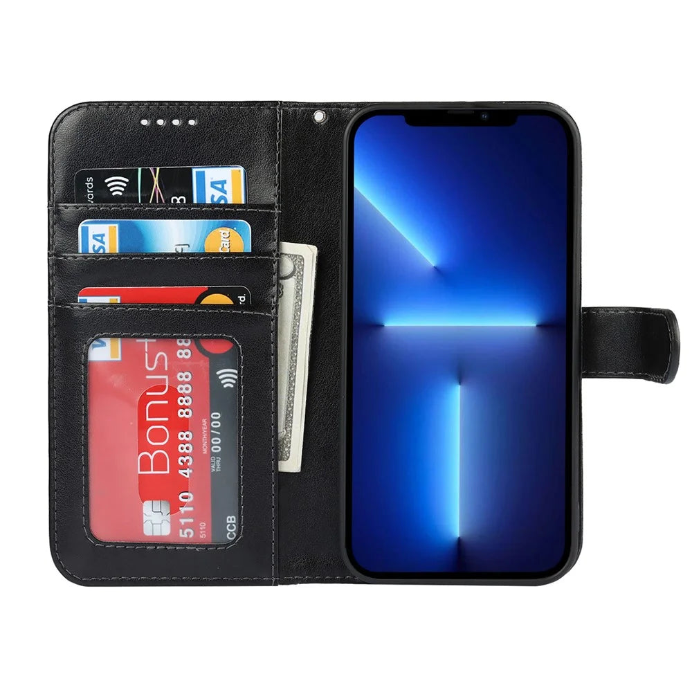 R61 Texture Felled Seam Phone Case Full Body Protection PU Leather Wallet Cover Stand Shell for iPhone 13 Pro 6.1 inch - Black - 4