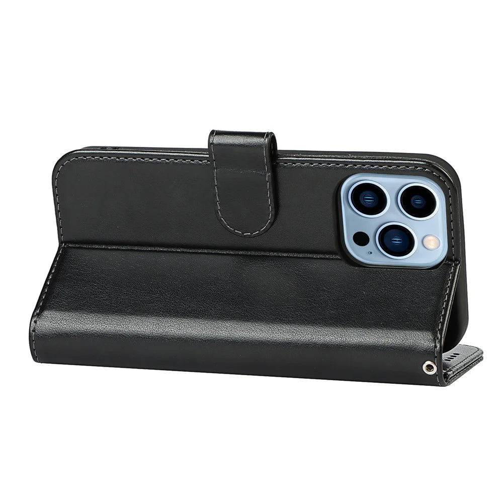 R61 Texture Felled Seam Phone Case Full Body Protection PU Leather Wallet Cover Stand Shell for iPhone 13 Pro 6.1 inch - Black - 6