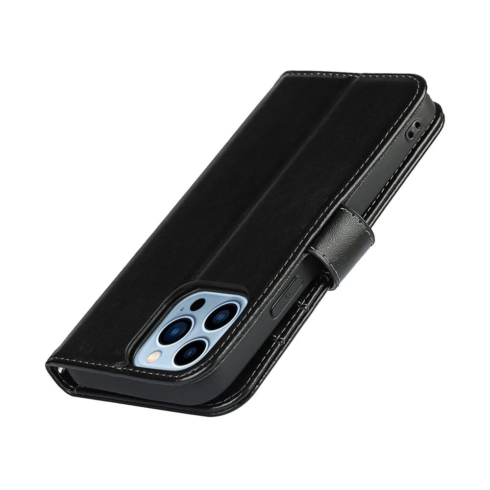 R61 Texture Felled Seam Phone Case Full Body Protection PU Leather Wallet Cover Stand Shell for iPhone 13 Pro 6.1 inch - Black - 7
