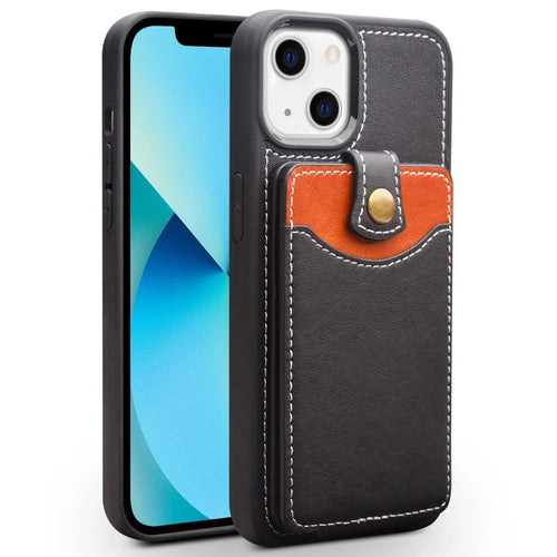 QIALINO Business Style Cowhide Leather Coated TPU Phone Case with Card Holder for iPhone 13 6.1 inch - Black - 1