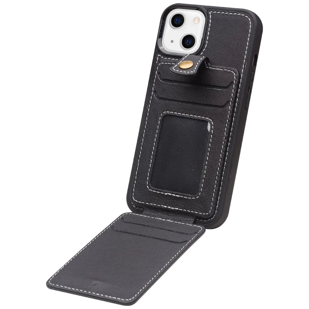QIALINO Business Style Cowhide Leather Coated TPU Phone Case with Card Holder for iPhone 13 6.1 inch - Black - 3