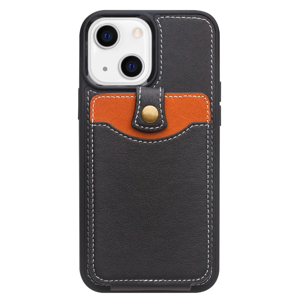 QIALINO Business Style Cowhide Leather Coated TPU Phone Case with Card Holder for iPhone 13 6.1 inch - Black - 4