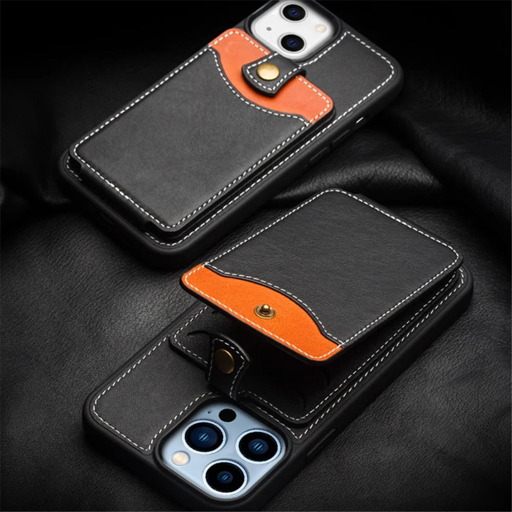 QIALINO Business Style Cowhide Leather Coated TPU Phone Case with Card Holder for iPhone 13 6.1 inch - Black - 6