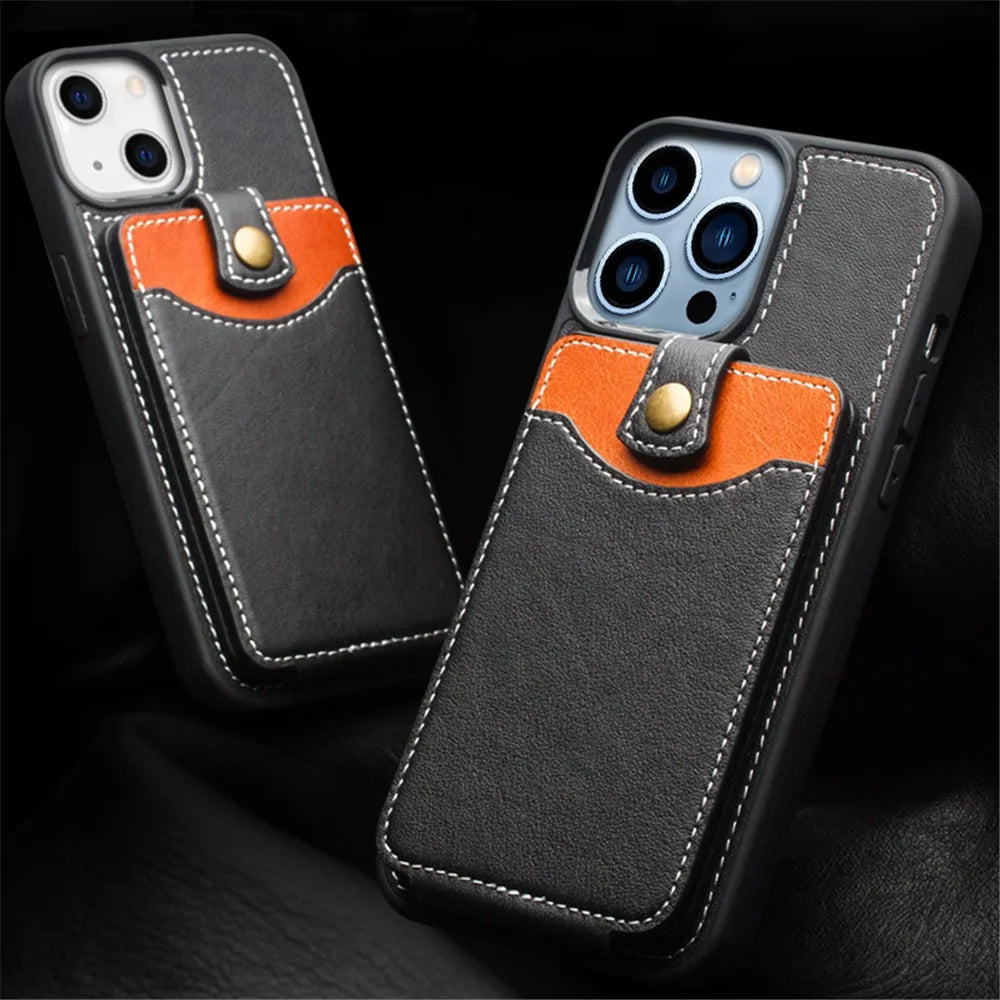 QIALINO Business Style Cowhide Leather Coated TPU Phone Case with Card Holder for iPhone 13 6.1 inch - Black - 7