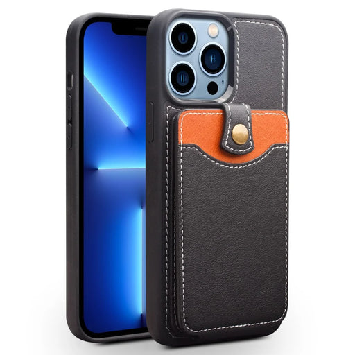 QIALINO Business Style Card Slots Cowhide Leather Coated TPU Phone Case Shell for iPhone 13 Pro 6.1 inch - Black - 1