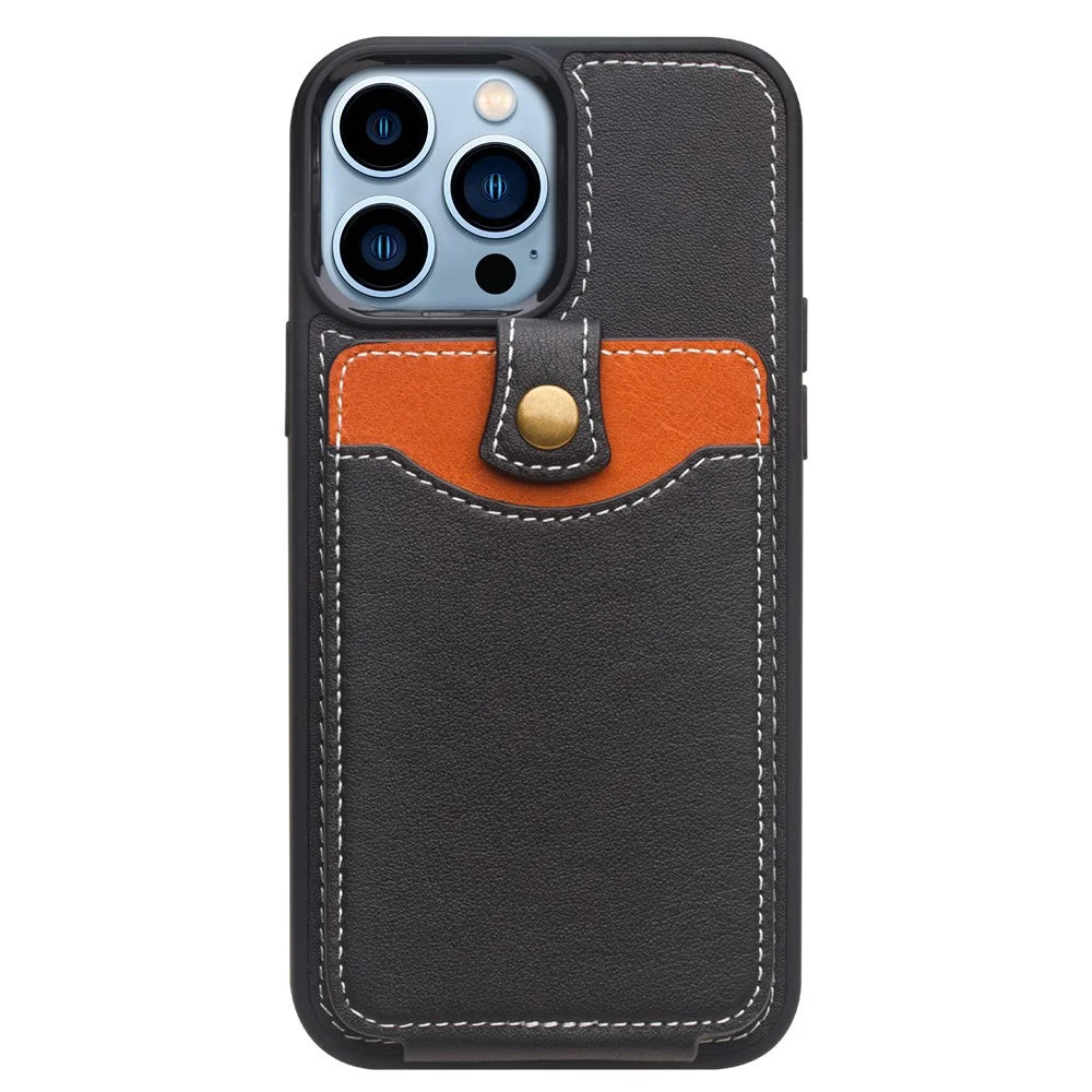 QIALINO Business Style Card Slots Cowhide Leather Coated TPU Phone Case Shell for iPhone 13 Pro 6.1 inch - Black - 2