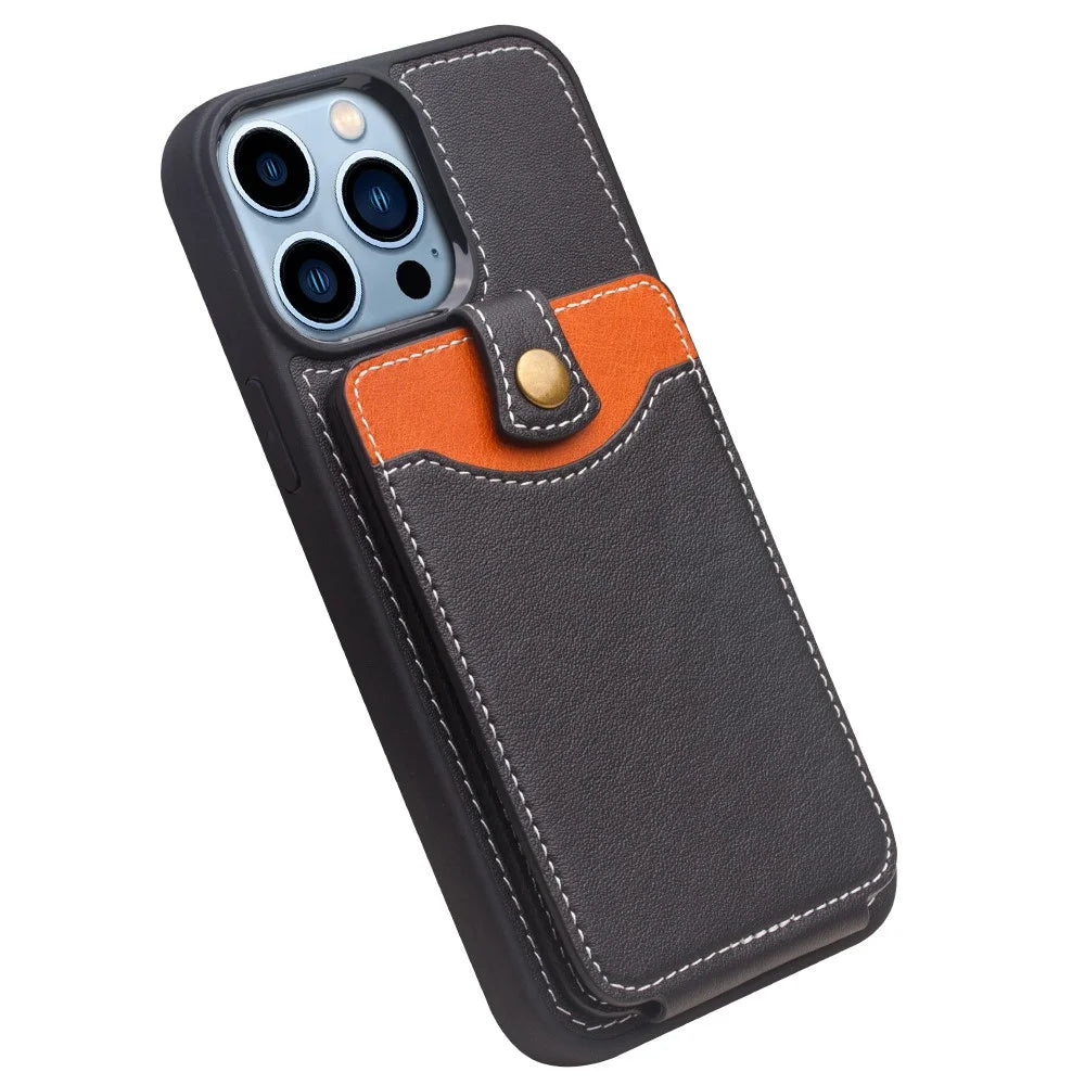 QIALINO Business Style Card Slots Cowhide Leather Coated TPU Phone Case Shell for iPhone 13 Pro 6.1 inch - Black - 3