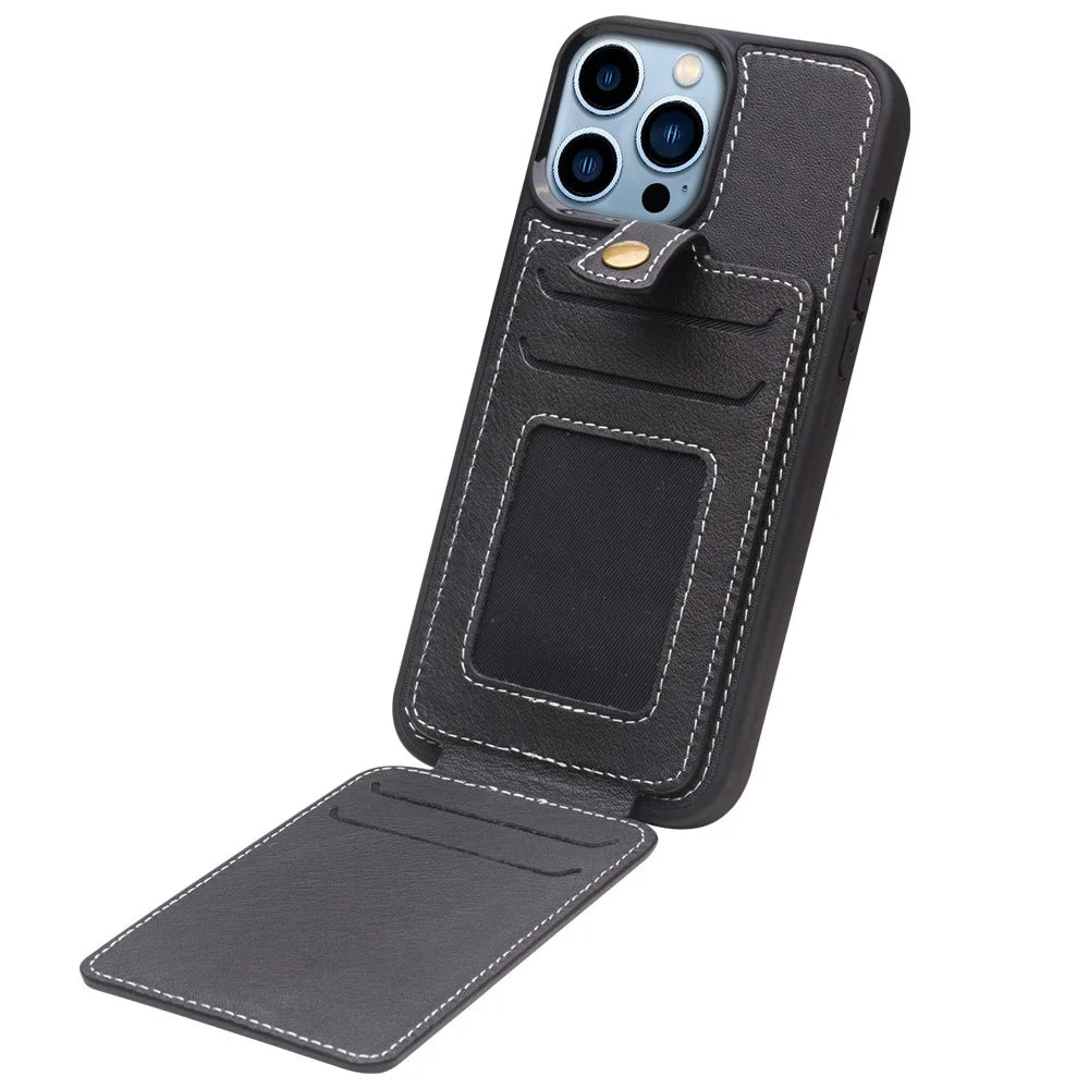 QIALINO Business Style Card Slots Cowhide Leather Coated TPU Phone Case Shell for iPhone 13 Pro 6.1 inch - Black - 5