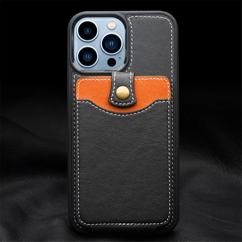 QIALINO Business Style Card Slots Cowhide Leather Coated TPU Phone Case Shell for iPhone 13 Pro 6.1 inch - Black - 6