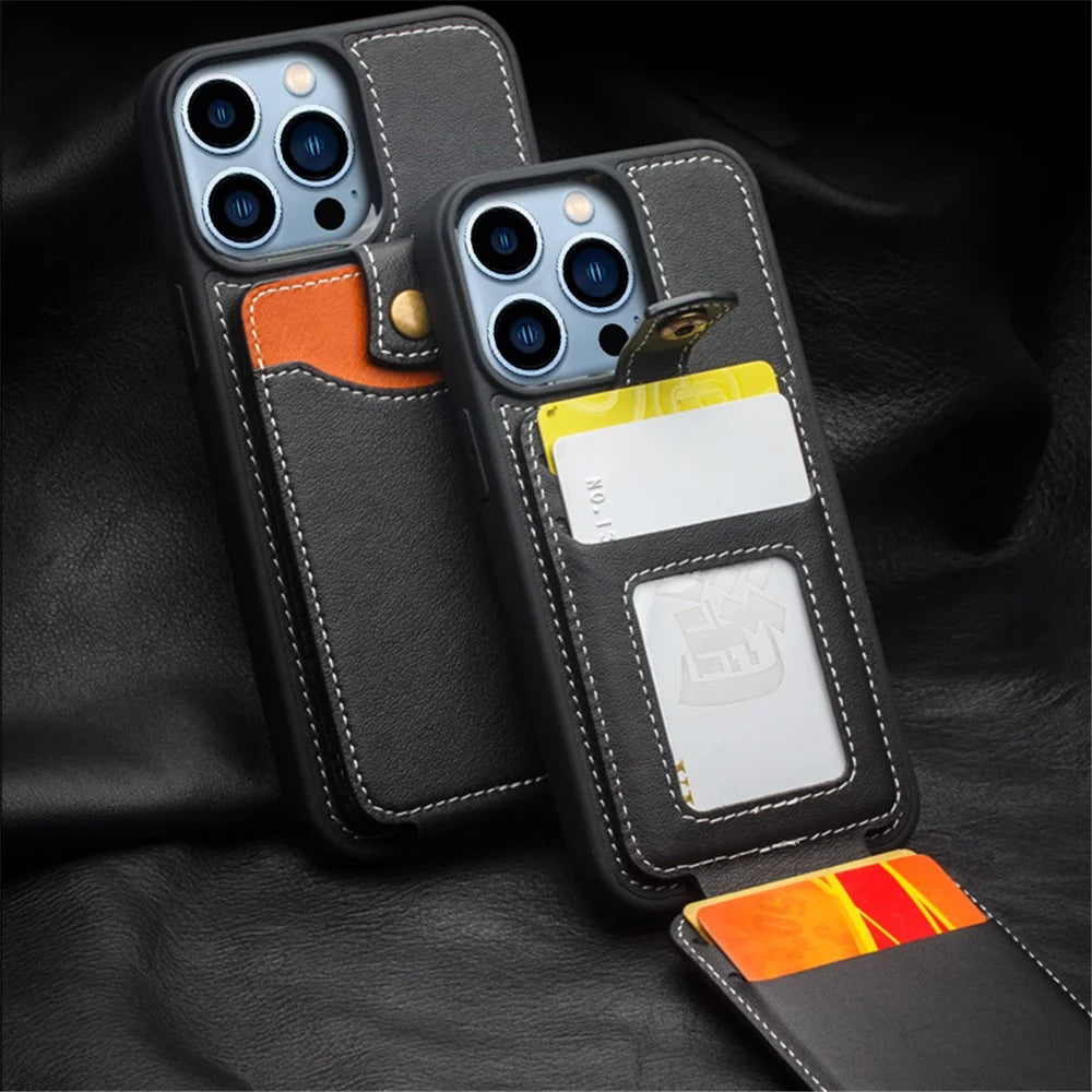 QIALINO Business Style Card Slots Cowhide Leather Coated TPU Phone Case Shell for iPhone 13 Pro 6.1 inch - Black - 7