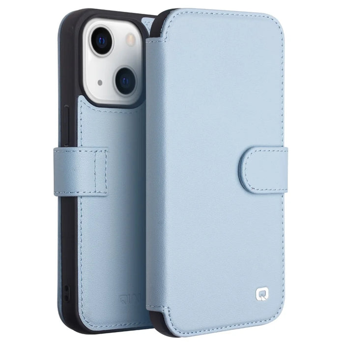 QIALINO Business Style Genuine Cowhide Leather Phone Case Cover with Wallet Design for iPhone 13 6.1 inch - Blue - 1
