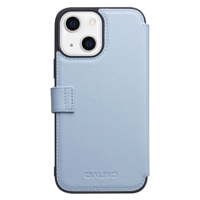 QIALINO Business Style Genuine Cowhide Leather Phone Case Cover with Wallet Design for iPhone 13 6.1 inch - Blue - 2