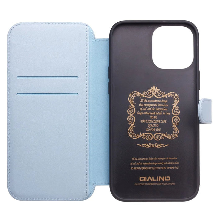 QIALINO Business Style Genuine Cowhide Leather Phone Case Cover with Wallet Design for iPhone 13 6.1 inch - Blue - 3